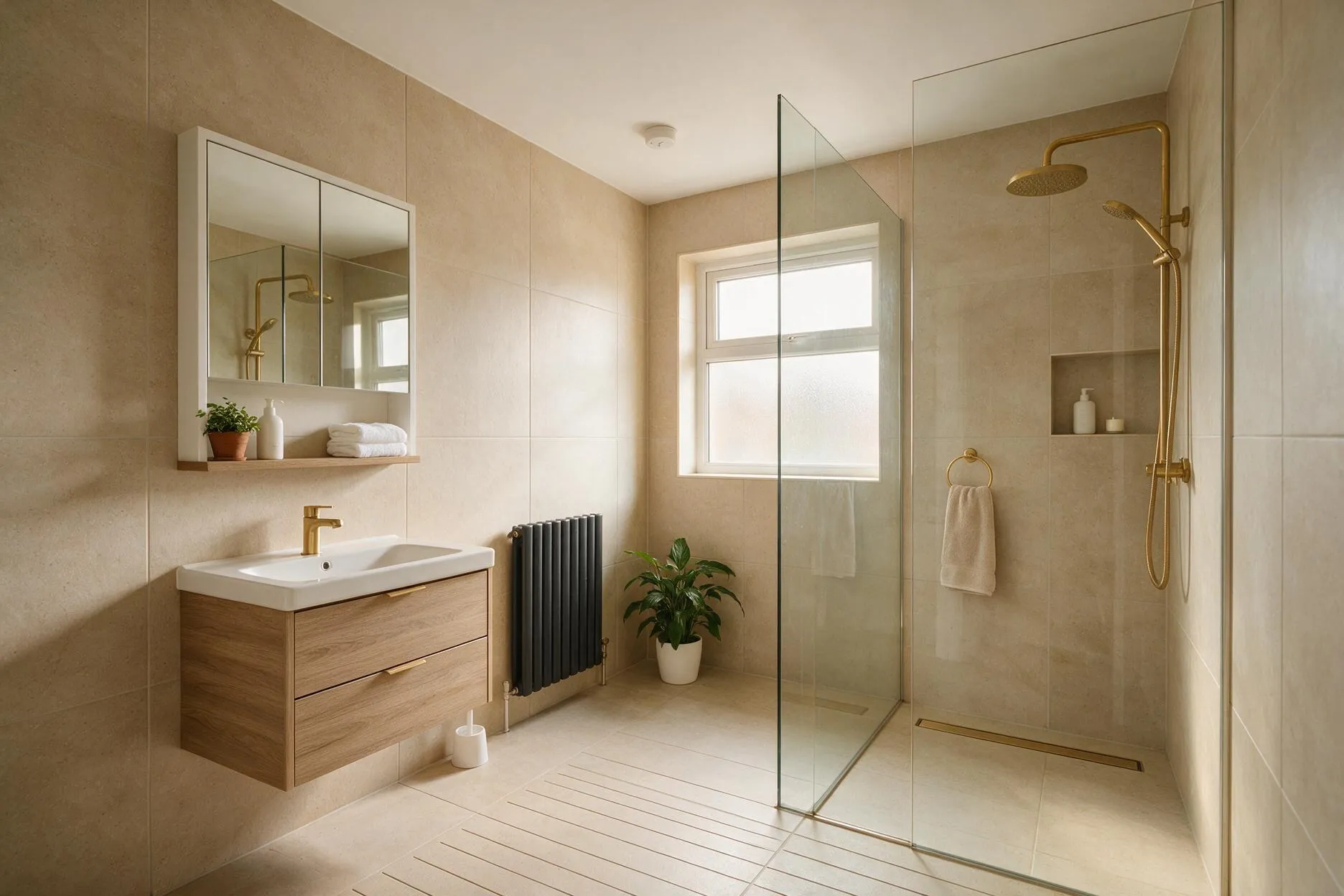 A finished Emberwell bathroom: full-height porcelain tiling, a walk-in glass shower, an oak-effect vanity and brushed brass fittings